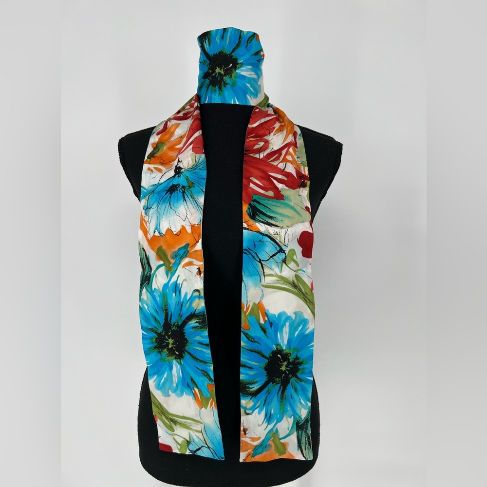 TALBOTS SILK SCARF, FLORAL IN WHITE‎ BLUE ORANGE AND RED